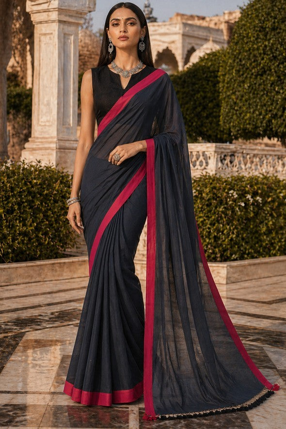 Black Handloom Cotton Saree with Red Border Hastweave